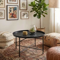 HOMCOM Coffee Table for Living Room, 24" Round Center Table with Hammered Tray Top and Metal Frame for Bedroom, Black(m-7)