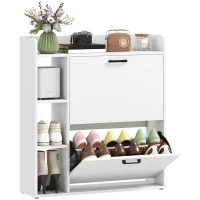 HOMCOM Shoe Cabinet with 2 Flip Drawers, 3 Side Compartments, Adjustable Shelves, 8-12 Pairs for Entryway Hallway, White(m-9)