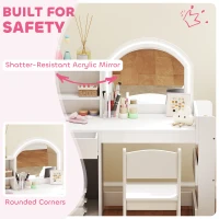 Qaba Kids Vanity Set, Toddler Dressing Table and Chair Set  with Lighted Mirror, Cabinet, Drawer and Shelves, White(m-7)