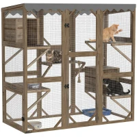 PawHut Outdoor Cat Enclosure with Window Access, 5 Platforms and 2 Resting Boxes, Waterproof Roof for Multiple Cats, Brown(m-11)