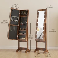 HOMCOM Free Standing Armoire Organizer, Lighted Mirrored Jewelry Cabinet w/ Angle Adjustable & 16 LED Lights Rustic Brown(m-3)