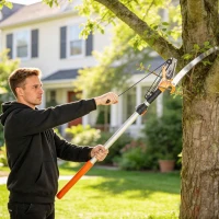Outsunny 6.5ft 2-In-1 Manual Pole Saw for Tree Trimming, Aluminium Telescopic Long Reach Pole Pruner with Sharp 65Mn Steel Blade(m-7)