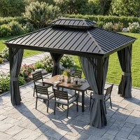 Outsunny 10' x 12' Hardtop Gazebo Permanent Pavilion w/ Double Roof Aluminum Frame Sidewalls for Patio Garden Deck, Dark Gray(m-8)