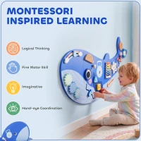 Qaba Whale Activity Wall Busy Board, 13 in 1 Montessori Sensory Wall Panel for Playroom Nursery Classroom Boys Girls 2+, Blue(m-5)