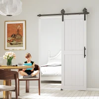 HOMCOM 28inx84in Barn Door with 5FT Sliding Door Hardware Kit, Handle, Upgraded Rollers and Floor Guide, Waterproof, White(m-8)