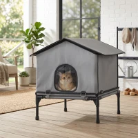 PawHut Outdoor Cat House, Waterproof Insulated Cat Kennel with Elevated Base, Foldable Feral Kitty Shelter for Kittens, Grey(m-1)