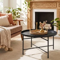 HOMCOM Coffee Table for Living Room, 24" Round Center Table with Hammered Tray Top and Metal Frame for Bedroom, Black(m-10)