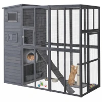 PawHut Wooden Outdoor Catio with Platforms, Asphalt Roof, Ramps, Gray(m-1)