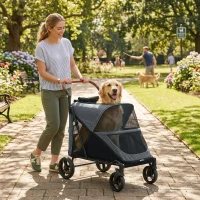 PawHut Dog Stroller for Large Dogs Up to 66 LBS with All-Terrain Spring Suspension, 8-Position Adjustable Handle, Gray(m-2)