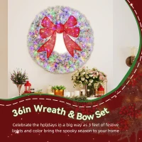 HOMCOM 36in Flocked Pre-Lit Christmas Wreath with 3D Red Bow, 11 Lighting Modes, Front Door Christmas Wreath with Remote(m-4)