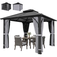 Outsunny 10' x 10' Hardtop Gazebo with 7mm Polycarbonate Double-Tier Roof, Outdoor Gazebo with Netting and Curtains, Dark Grey(m-2)