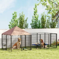 PawHut Large Outdoor Dog Kennel with Rotating & Adjustable Height Bowls, Waterproof & UV-Resistant Canopy, 11.3' x 4.7' x 5.1'(m-2)