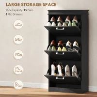 HOMCOM Slim Shoe Cabinet with 3 Flip Drawers and Adjustable Shelves, Narrow Shoe Cabinet for 15 Pairs of Shoes, Black(m-4)