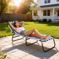Outsunny Portable Folding Adjustable Sun Beach Lounger / Camping Cot - Blue and White(m-2)