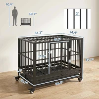 PawHut 36" Heavy Duty Dog Crate Metal Cage Kennel with Lockable Wheels, Double Door and Removable Tray, Gray(m-3)