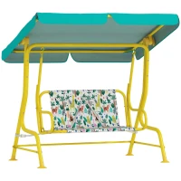 Qaba Kids Porch Swing, 2-Seater Patio Swing Bench with Safety Belts, Adjustable Canopy for Backyard, Garden, Green(m-11)