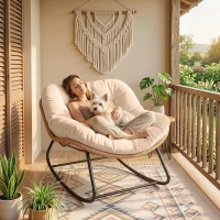 Outsunny Indoor Outdoor Papasan Rocking Chair, Oversized Rocking Egg Chair with Cushion for Garden, Patio, Cream White(m-8)