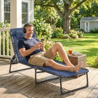 Outsunny Folding Chaise Lounge Pool Chair with 4-Position Reclining Back, Pillow, Breathable Mesh & Bungee Seat, Dark Blue(m-7)
