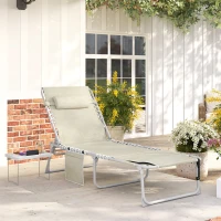 Outsunny Tanning Chair with Face Hole and Side Table, 5-Position Folding Outdoor Chaise Lounge Chair, Beige(m-2)