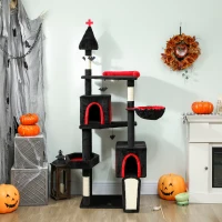 PawHut 78" Gothic Cat Tree, Cat Tower with Coffin Bed, 2 Spacious Condos, Sisal Scratching Posts, Bat Hanging Balls, Halloween(m-9)