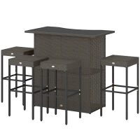 Outsunny 5 Piece Rattan Wicker Bar Set, High Top Outdoor Table and Chairs, Bar Height Patio Set, 2 Shelves & 4 Bar Stools, Brown(m-1)
