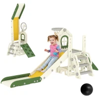 Qaba Foldable 5 in 1 Toddler Slide with Ladder, Climbing Wall, Basketball Hoop, Storage and Basketball for 1-3 Years, Cream(m-13)
