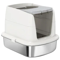 PawHut Large Stainless Steel Litter Box, Enclosed Metal Cat Litter Tray with Scoop, Deodoriser Bag, Front-Entry and Top-Exit(m-2)
