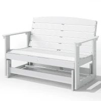 Outsunny Patio Glider Bench w/ HDPE Slatted Double Rocking Chair, White(m-1)
