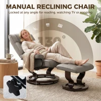 HOMCOM Faux Leather Reclining Chair with Ottoman, Manual Recliner with Tufted Back and Wood Frame for Living Room, Gray(m-4)