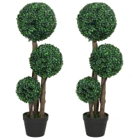 HOMCOM 35 Inch Potted Fake Plant Set of 2, Artificial Boxwood Topiary Tree, Triple Ball Tree for Indoor and Outdoor, Green(m-9)