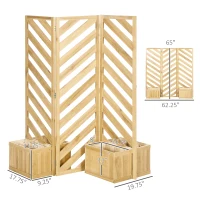 Outsunny Decorative Outdoor Privacy Screen, Freestanding Divider/Separator with 4 Self-Draining Planters, 3 Trellis Plant Support Panels for Garden Walkway, Backyard, Natural Wood(m-3)