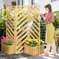 Outsunny Decorative Outdoor Privacy Screen, Freestanding Divider/Separator with 4 Self-Draining Planters, 3 Trellis Plant Support Panels for Garden Walkway, Backyard, Natural Wood(m-2)