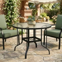 Outsunny 38" Round Patio Table with Umbrella Hole, Tempered Glass Outdoor Dining Table, Black(m-8)