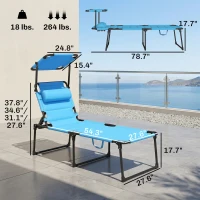 Outsunny Outdoor Lounge Chair, 4 Position Adjustable Backrest, Folding, Cushioned w/ Sun Shade Roof & Pillow, Blue(m-3)