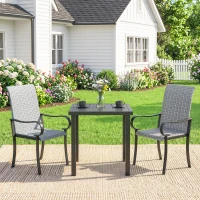 Outsunny Set of 2 Outdoor Wicker Dining Chairs with Armrest, Steel Frame, High Back and Deep Seating, Gray(m-9)