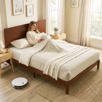 HOMCOM Queen Size Bamboo Platform Bed Frame with Headboard and 12 Poplar Slats, No Box Spring Needed, Easy Assembly, Brown(m-9)