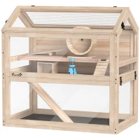 PawHut Wooden Hamster Cage, 3-Tier Small Animal Cage with Hut, Seesaw, Ramps, Exercise Wheel, Acrylic Panel and Bottom Tray(m-1)