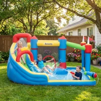 Outsunny 6-in-1 Inflatable Water Slide with Splash Pool, Slide, Climbing Wall, Water Cannon, Inflatable Bounce House for Kids with 2 Min. Inflation(m-14)