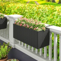 Outsunny 2 Pack 20 Inch Railing Flower Pots, Hanging Flower Pots with Hooks, Drainage Holes for Fence, Rattan Look, Black(m-8)