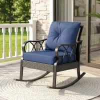 Outsunny Outdoor Wicker Rocking Chair with Padded Cushions, Aluminum Furniture, Rattan Porch Rocker Chair w/ Armrest, Navy Blue(m-17)