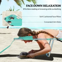 Outsunny Tanning Chair with Face Hole, 5-Level Adjustable Outdoor Chaise Lounge Chair with Pillow for Beach, Pool, Light Green(m-5)