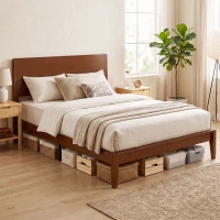 HOMCOM Queen Size Bamboo Platform Bed Frame with Headboard and 12 Poplar Slats, No Box Spring Needed, Easy Assembly, Brown(m-10)
