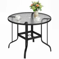 Outsunny 38" Round Patio Table with Umbrella Hole, Tempered Glass Outdoor Dining Table, Black(m-10)