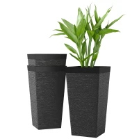 Outsunny 22.8 Inch Set of 3 Outdoor Planters with Stone Finish and Wheels, Stackable Tapered Planters with Drainage Hole, Black(m-1)