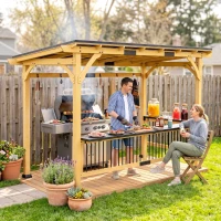 Outsunny 13' x 6' Wooden BBQ Grill Gazebo, Outdoor Hardtop Grill Gazebo with Metal Roof, 2 Bar Shelves and 6 Hooks, Natural(m-8)