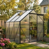 Polycarbonate Walk-in Greenhouse with Sliding Door and Adjustable Roof, Hothouse with Duty Aluminum Frame, 75'' L x 75'' W x 77'' H, Black(m-1)
