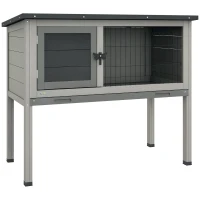 PawHut Elevated Rabbit Hutch, Wooden Bunny Cage with Hinged Asphalt Roof and Removable Tray, for Indoor/Outdoor, Gray(m-11)