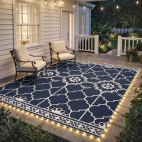 Outsunny Reversible Outdoor Rug Carpet with LED Lights, 12' x 9' PP Straw Rug with Carry Bag and Ground Stakes(m-11)