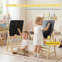 Qaba Wooden Kids Art Easel with Double-Sided Chalkboard, Clock, Abacus, Blackboard Eraser for Painting, for Ages 2+, Natural(m-5)