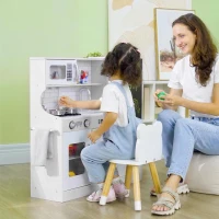 Qaba Pretend Play Kitchen, Kids Kitchen Playset with Play Phone, Chalkboard, Towel Rack & Ice Maker for 3-8 Years White(m-2)